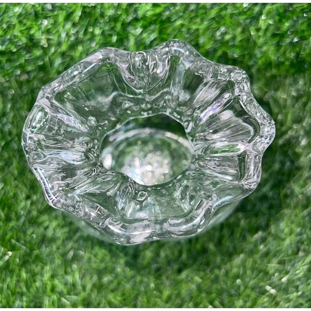Clear Glass Drawstring Bag Pouch Vase Ruffled Rim Ribbed Texture 7in